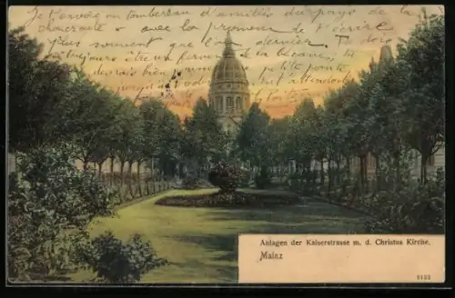 Lithographie Mainz, Anlagen der Kaiserstrasse mit Christuskirche