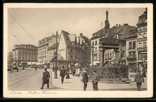 AK Mainz, Markt mit Brunnen