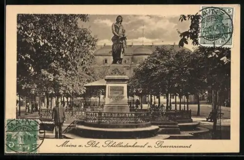 AK Mainz a. Rh., Schillerdenkmal und Gouvernement