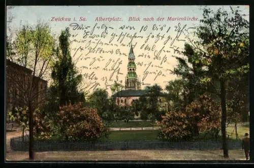 AK Zwickau i. Sa., Albertplatz, Blick nach der Marienkirche