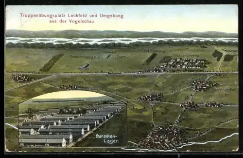 AK Lechfeld, Truppenübungsplatz, Barackenlager, Umgebung aus der Vogelschau