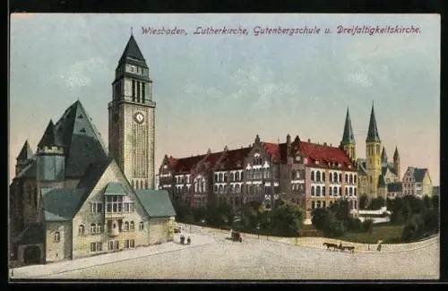 AK Wiesbaden, Lutherkirche, Gutenbergschule, Dreifaltigkeitskirche