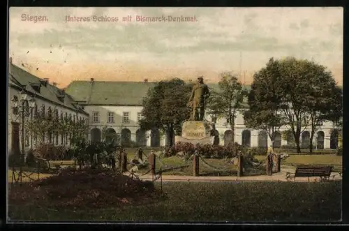 AK Siegen, Unteres Schloss m. Bismarck-Denkmal