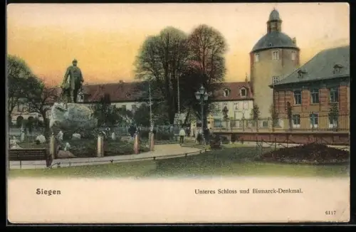 AK Siegen, Unteres Schloss und Bismarck-Denkmal