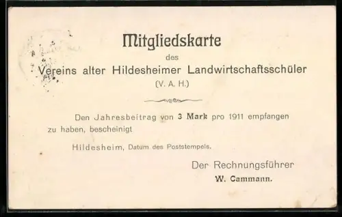 AK Hildesheim, Mitgliedskarte Verein alter Hildesheimer Landwirtschaftsschüler 1911