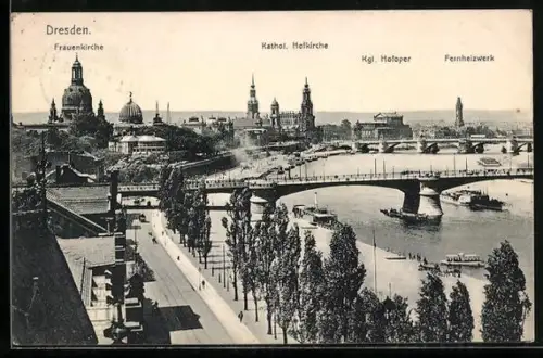 AK Dresden, Frauenkirche, Kathol. Hofkirche, Kgl. Hofoper, Fernheizwerk, Elbpufer