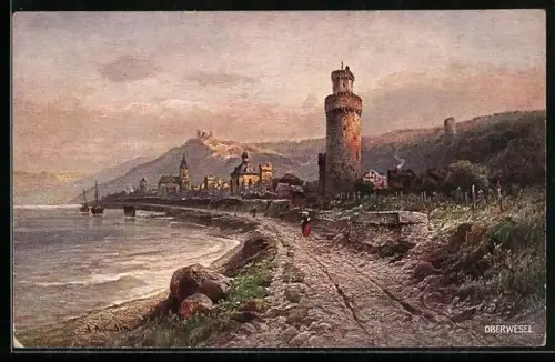 Künstler-AK Oberwesel, Ortsansicht mit Stadtmauer, Wachturm, Schönburg