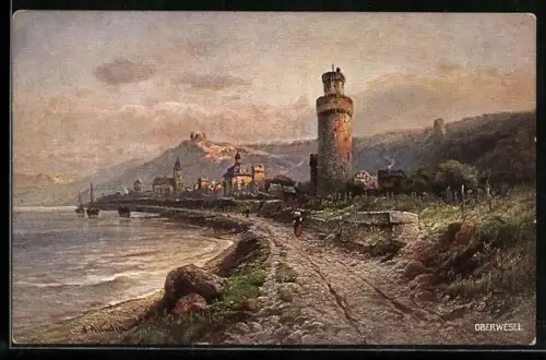 Künstler-AK Oberwesel, Ortsansicht mit Türmen und Stadtmauer am Rhein