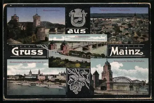 AK Mainz, Eisenbahnbrücke, Strassenbrücke, Rheinansicht m. Stadthalle u. Dom, Wappen