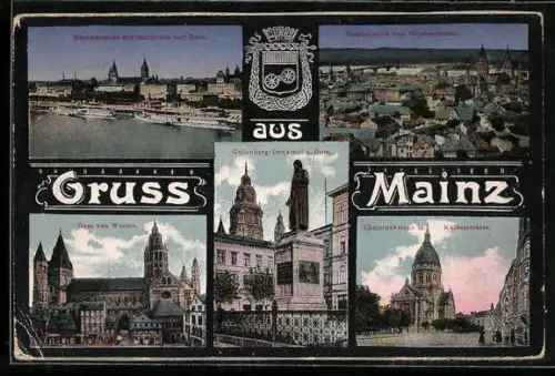 AK Mainz, Rheinansicht, Dom, Gutenberg-Denkmal, Christuskirche