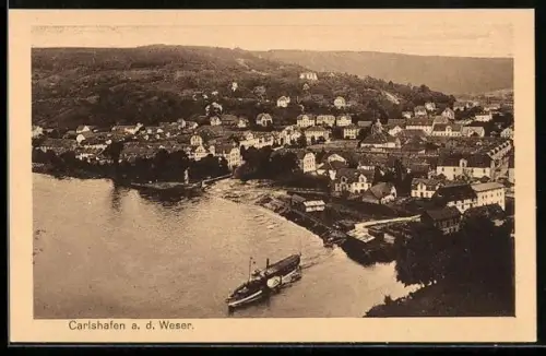 AK Carlshafen a. d. Weser, Gesamtansicht, Weserufer, Dampfschiff
