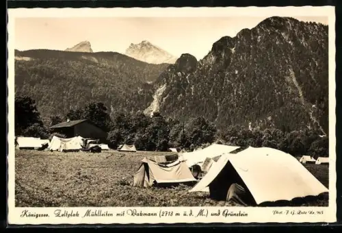 AK Königssee / Berchtesgaden, Zeltplatz Mühlleiten mit Watzmann und Grünstein