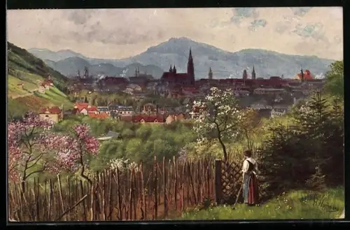Künstler-AK Freiburg i. Br., Ortsansicht von Norden