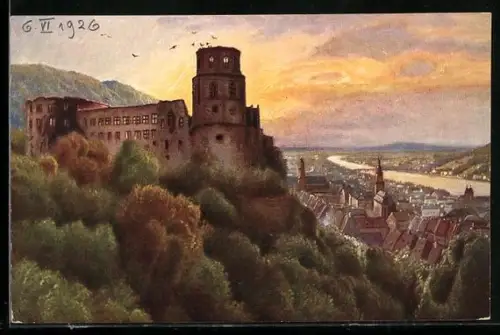 Künstler-AK Heidelberg, Schloss, Altstadt, Neckar