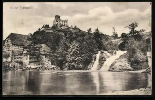 AK Pyrmont, Ruine Pyrmont, Wasserfall, Fachwerkhaus