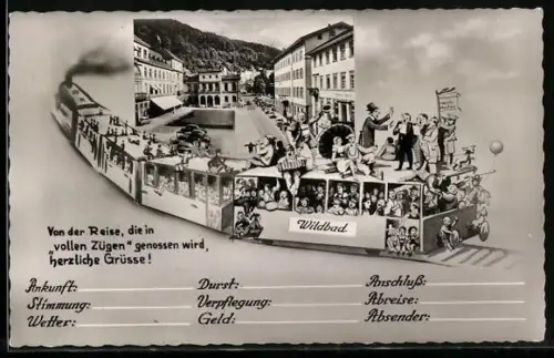 AK Wildbad / Schwarzwald, Humoristische Zugfahrt und Ortspartie