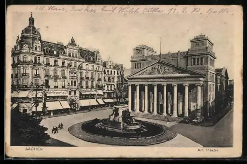 AK Aachen, Am Theater, Brunnen, Cafe Kronprinz