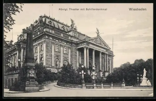 AK Wiesbaden, Königl. Theater mit Schillerdenkmal