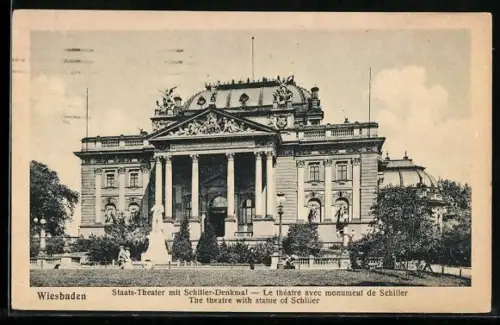 AK Wiesbaden, Staats-Theater, Schiller-Denkmal