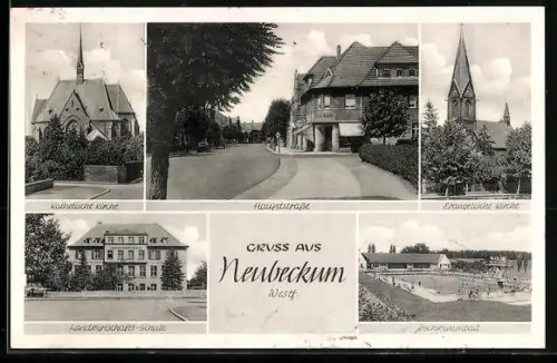 AK Neubeckum /Westf., Katholische Kirche, Hauptstrasse, evangelische Kirche, Landwirtschaftsschule, Freibad