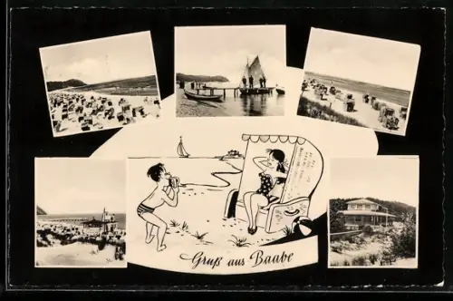 AK Baabe, Strand, Strandkörbe, Segelboote, Promenade