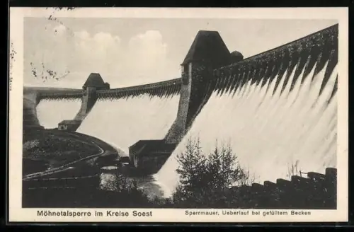 AK Möhnetalsperre /Soest, Sperrmauer, Überlauf bei gefülltem Becken