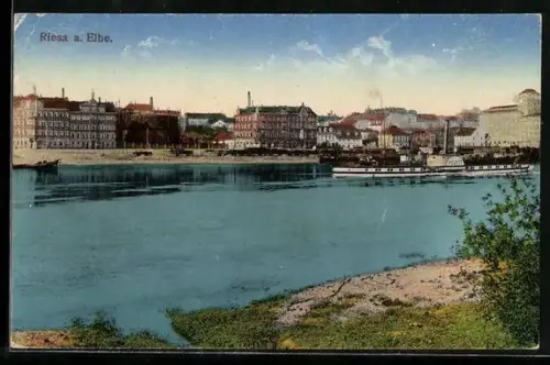 AK Riesa a. Elbe, Stadtansicht mit Elbe und Dampfschiff