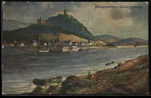 AK Königswinter /Siebengebirge, Drachenfels, Drachenburg, Rheinansicht