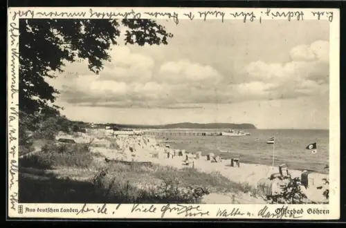 AK Göhren /Rügen, Strand, Seebrücke, Blick auf den Strand
