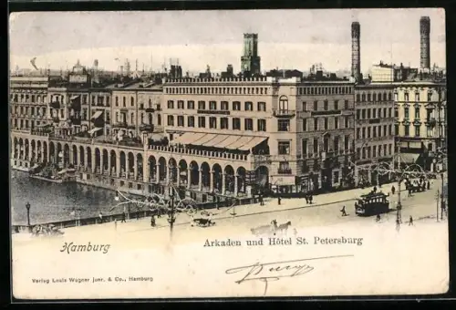 AK Hamburg, Arkaden und Hôtel St. Petersburg, Strassenbahn