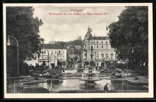 AK Wiesbaden, Blumengarten vor dem Kurhaus, Hotel Nassauer Hof