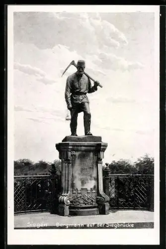 AK Siegen, Statue Bergmann auf der Siegbrücke