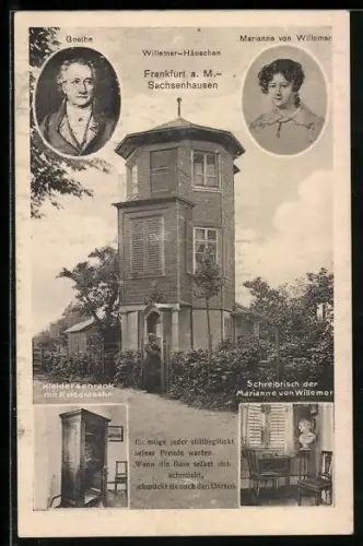 AK Frankfurt a. M., Willemer-Häuschen, Kleiderschrank mit Reisesachen, Schreibtisch der Marianne von Willemer, Goethe