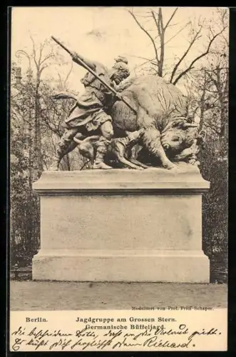 AK Berlin-Tiergarten, Jagdgruppe am Grossen Stern, Germanische Büffeljagd