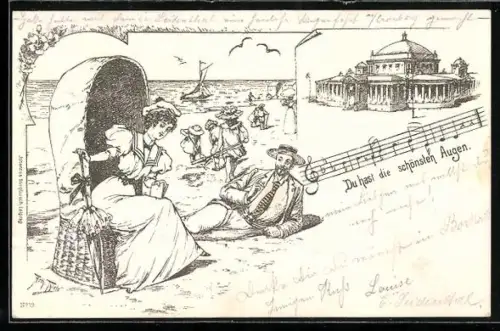 Künstler-AK Arthur Thiele: Dame sitzt in einem Strandkorb, Herr liegt neben ihr, Liedtext Du hast die schönsten Augen