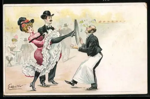 Künstler-AK Georges Mouton: Paar tritt beim Tanz gegen das Tablett eines Kellners