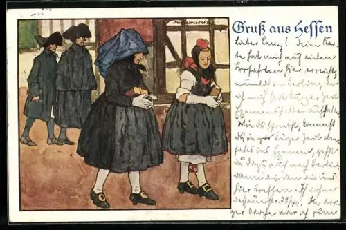 Künstler-AK Ubbelohde: Hessen, auf dem Weg zur Kirche in hessischer Tracht