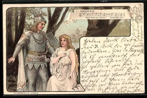 Künstler-AK H. Fründt: Ritter geht zur Prinzessin und beschützt sie, Lohengrin, Parsival