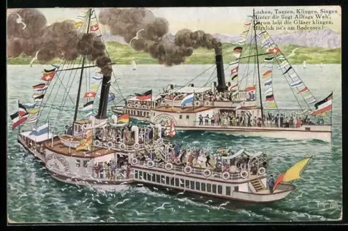 Künstler-AK A. Thiele: Bodensee-Dampfer München und Stadt Überlingen während der Fahrt