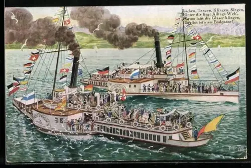 Künstler-AK A. Thiele: Bodensee-Dampfer München und Stadt Überlingen während der Fahrt