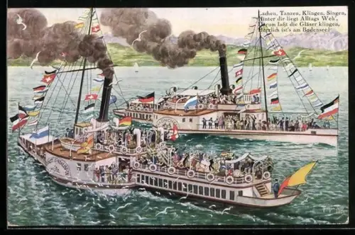 Künstler-AK A. Thiele: Bodensee-Dampfer München und Stadt Überlingen während der Fahrt