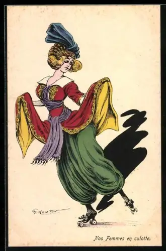 Künstler-AK Georges Mouton: Dame in bunter Kleidung auf Rollschuhen
