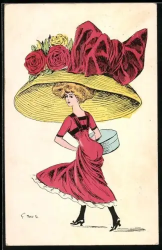 Künstler-AK Georges Mouton: Dame mit riesigem Hut mit Blumen und Schleife