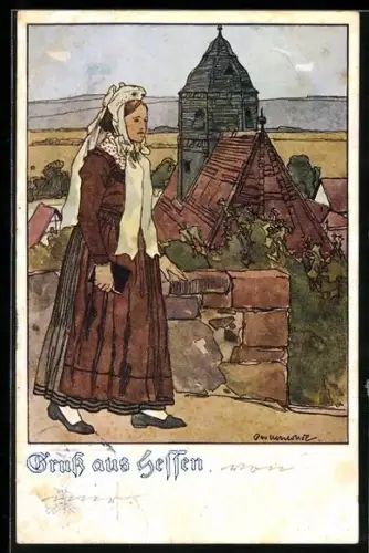Künstler-AK Ubbelohde: Kirchhain, Frau in hessischer Tracht, No. 135