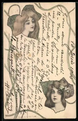 Künstler-AK Ludwig Rauh: Zwei Damenporträt in Efeublättern
