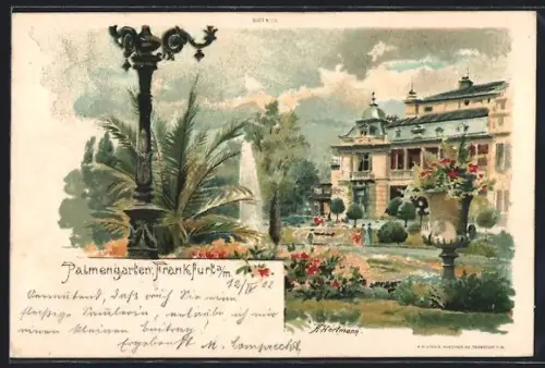 Lithographie Frankfurt-Westend, Palmengarten, Brunnen, Gesellschaftshaus