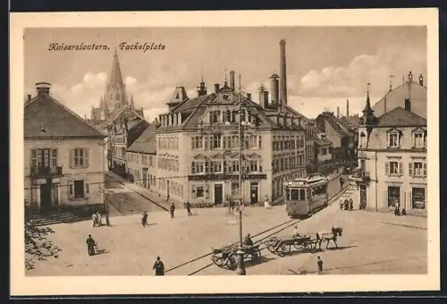 AK Kaiserslautern, Fackelplatz, Strassenbahn, Pferdewagen