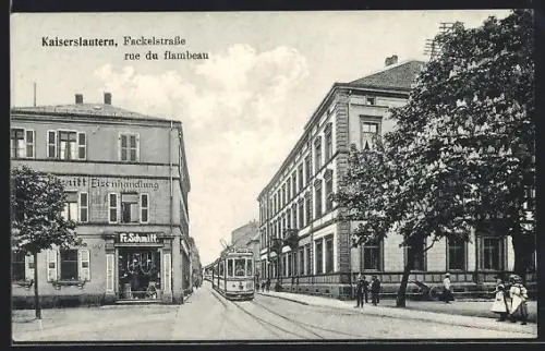 AK Kaiserslautern, Fackelstrasse, Strassenbahn, Eisenhandlung F. Schmitt