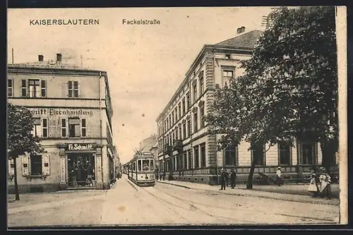 AK Kaiserslautern, Fackelstrasse, Strassenbahn, Eisenhandlung F. Schmitt