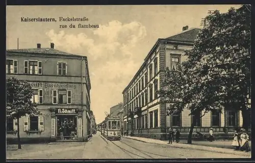 AK Kaiserslautern, Fackelstrasse, Strassenbahn, Eisenhandlung F. Schmitt